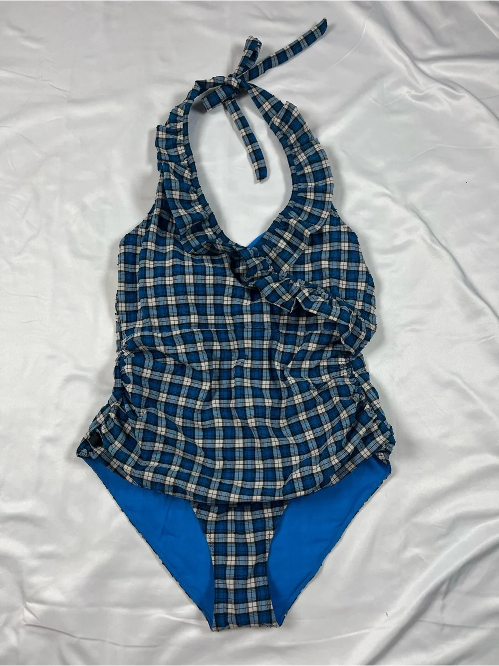 GANNI Recycled Seersucker Frill Halterneck Swimsuit Plaid Azure Blue Sz 40 New